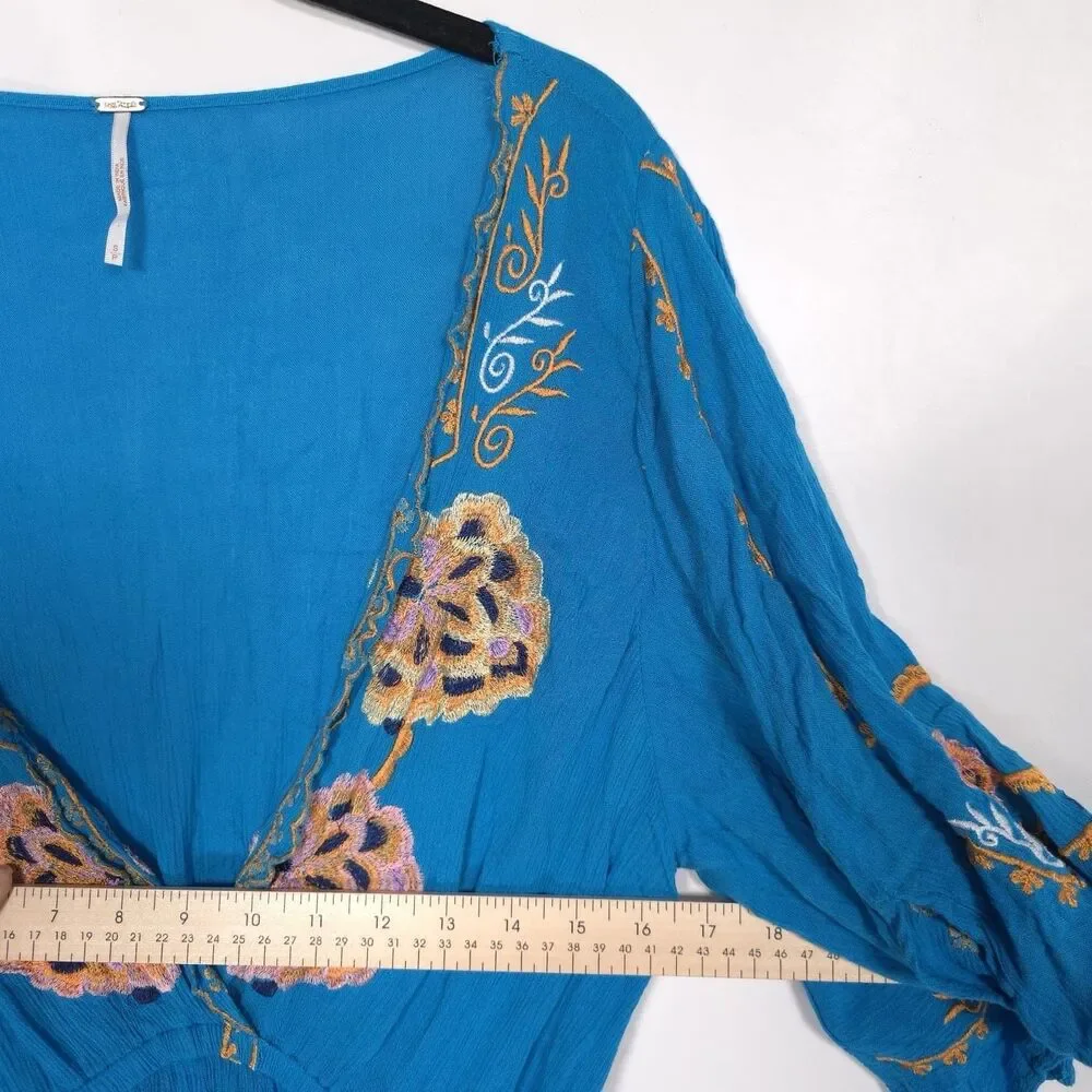 Free People Mini Dress Size S/P Embroidered Tie Waist Boho Blue Viscose OB600169